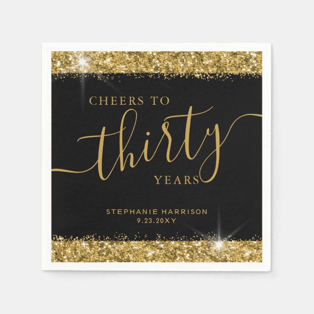 Custom Age Cheers Thirty Years Black Gold Custom  Napkins (Front)