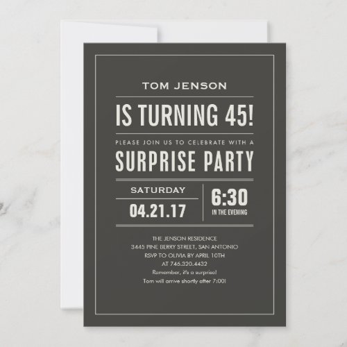 Custom Age & Color Surprise Birthday Invitations - Surprise birthday invitations with a stylish big type design.  Customize the text to use for any age birthday party.  Change the background to any color you would like using the “printed color background” color controls.