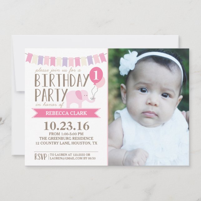 Custom Age Elephant Birthday Party | Birthday Invitation (Front)