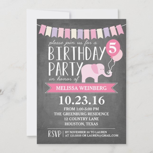 Custom Age Elephant Birthday Party | Birthday Invitation (Front)