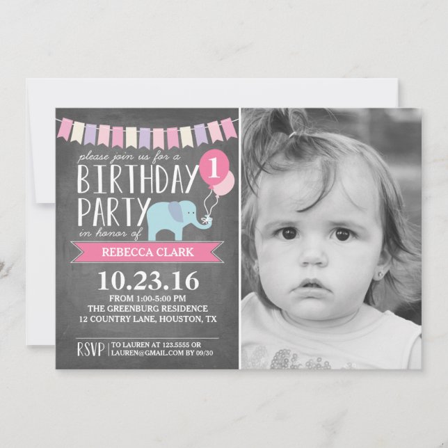 Custom Age Elephant Birthday Party | Birthday Invitation (Front)