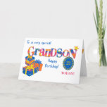 Custom Age Grandson's Birthday Gifts Word Art Card<br><div class="desc">A brightly colored 'word art' birthday card for a grandson that you can customize with his age. Suitable for a grandson of any age, the front cover greeting is, 'To a very special Grandson' and 'Happy Birthday!' with the word, 'Grandson' in huge letters, filled with star, polka dot, chevron and...</div>