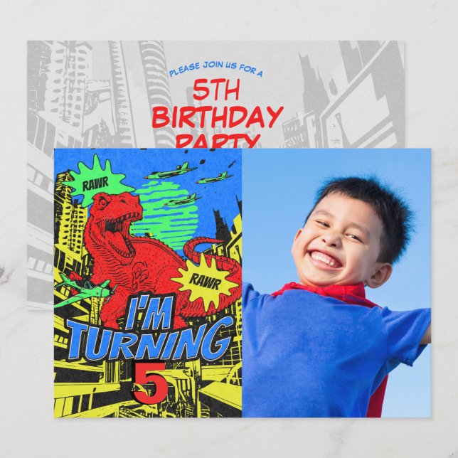 Custom Age Kid Comic Dinosaur Birthday Party Photo Invitation (Front/Back)