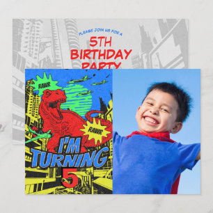 Custom Age Kid Comic Dinosaur Birthday Party Photo Invitation