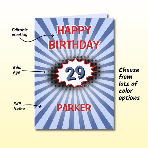 Custom age name blue retro birthday card