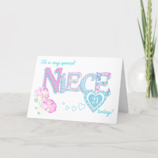 Custom Age Niece's Birthday Roses and Hearts Card