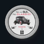 Custom Age Not Old But Classic Car Funny Birthday Paper Plates<br><div class="desc">This fun birthday party plate for him features a classic vintage antique car in black and red on a striped background. Default is 60 years old, but you can easily customize with his own name and age. Celebrate your man with a classic birthday party! Coordinating items for his birthday party...</div>