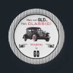 Custom Age Not Old But Classic Car Funny Birthday Paper Plates<br><div class="desc">This fun birthday party plate for him features a classic vintage antique car in black and red on a striped background. Default is 60 years old, but you can easily customize with his own name and age. Celebrate your man with a classic birthday party! Coordinating items for his birthday party...</div>
