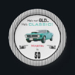 Custom Age Not Old But Classic Car Funny Birthday Paper Plates<br><div class="desc">This fun birthday party plate for him features a classic vintage 1969car in teal on a striped background with red, tell, and black typography. Default is 50 years old, but you can easily customize with his own name and age. Celebrate your man with a classic birthday party! Coordinating items for...</div>