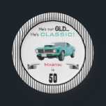Custom Age Not Old But Classic Car Funny Birthday Paper Plates<br><div class="desc">This fun birthday party plate for him features a classic vintage 1969car in teal on a striped background with red, tell, and black typography. Default is 50 years old, but you can easily customize with his own name and age. Celebrate your man with a classic birthday party! Coordinating items for...</div>