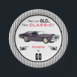Custom Age Not Old But Classic Car Funny Birthday Paper Plates<br><div class="desc">This fun birthday party plate for him features a classic vintage antique car in black and red on a striped background. Default is 60 years old, but you can easily customize with his own name and age. Celebrate your man with a classic birthday party! Coordinating items for his birthday party...</div>