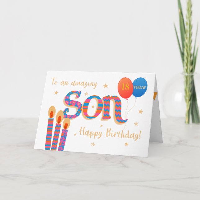 Custom Age Son's Birthday Gifts and Balloons Card (Front)