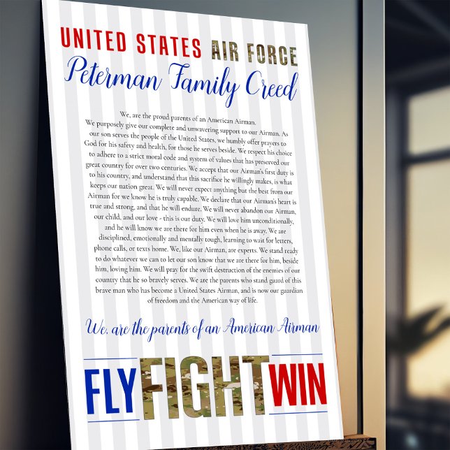 Custom Air Force Family Creed Acrylic Wall Art (US Air Force Family Creed Acrylic Wall Art Print, Patriotic Home Decor, proud Mom, Dad, Parents, Fly)