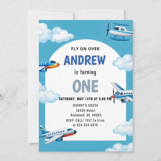 Custom Airplane First Birthday party for boy Invitation (Front)