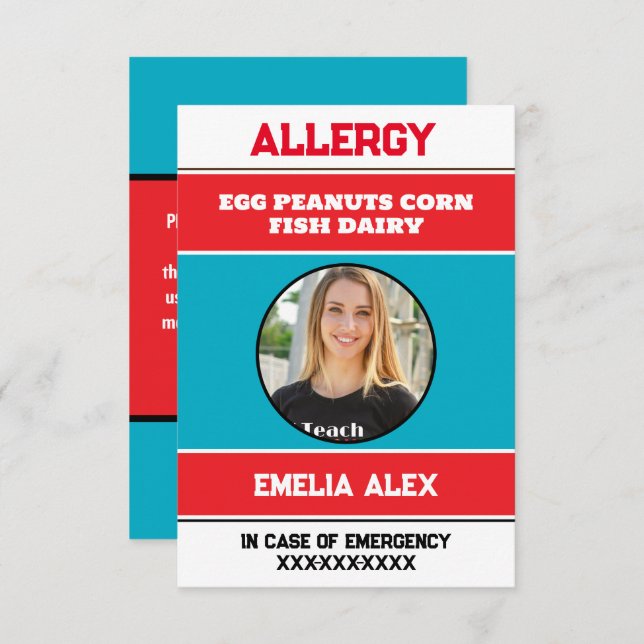 Custom Allergy Alert Chef Card With Photo (Front/Back)