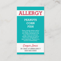 Custom Allergy Alert Restaurant Emergency Kids Calling Card