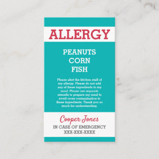 Custom Allergy Alert Restaurant Emergency Kids Calling Card