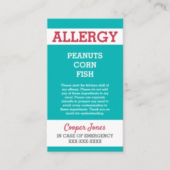 Custom Allergy Alert Restaurant Emergency Kids Calling Card by LilAllergyAdvocates at Zazzle
