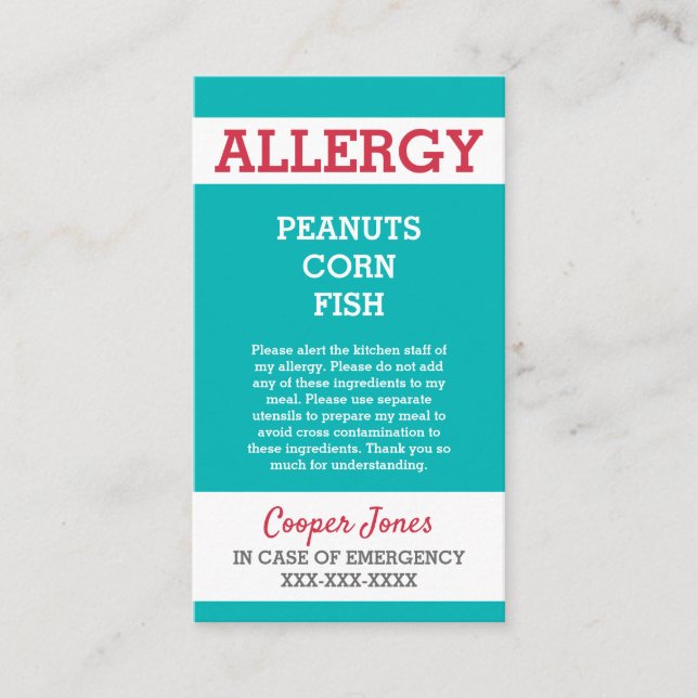 Custom Allergy Alert Restaurant Emergency Kids Calling Card (Front)