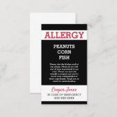 Custom Allergy Alert Restaurant Emergency Kids Calling Card (Front/Back)