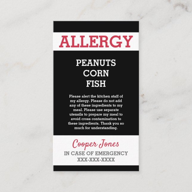 Custom Allergy Alert Restaurant Emergency Kids Calling Card (Front)