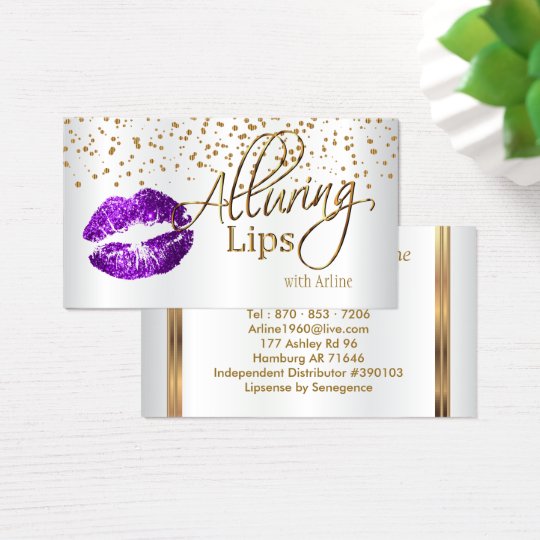 Custom Alluring Lips Gold Confetti & Purple Lips Business Card
