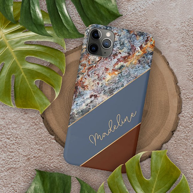 Custom Amber Brown Dark Blue Chic Marble Pattern Case-Mate iPhone Case (Creator Uploaded)