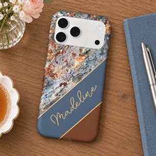 Custom Amber Brown Dark Blue Chic Marble Pattern Iphone 18 Pro Max Case