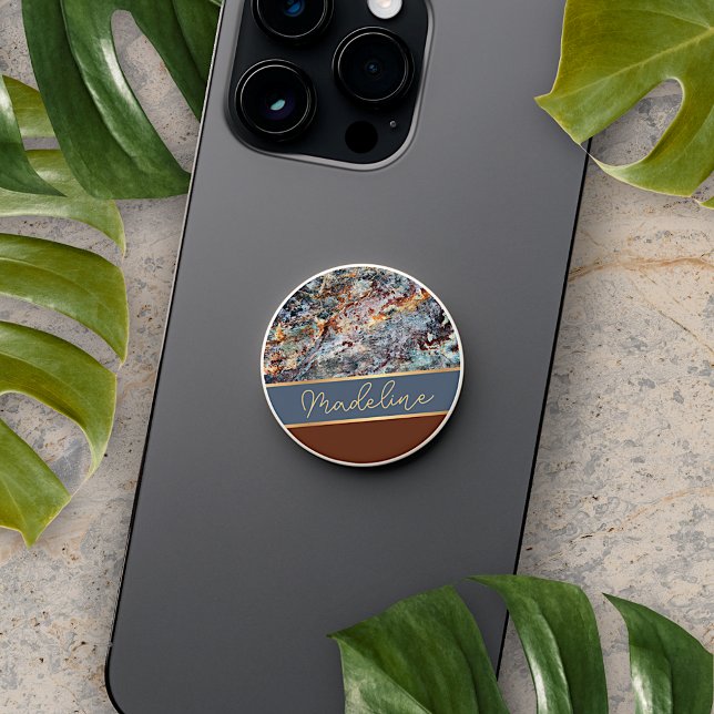 Custom Amber Brown Dark Blue Chic Marble Pattern PopSocket (Creator Uploaded)