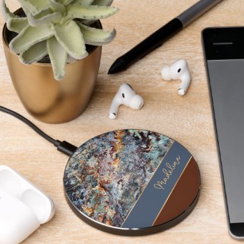 Custom Amber Brown Dark Blue Chic Marble Pattern Wireless Charger by CaseConceptCreations at Zazzle