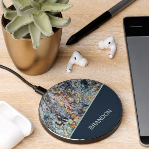 Custom Amber Rust Brown Dark Blue Marble Pattern Wireless Charger