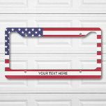 Custom American Flag And Text License Plate Frame<br><div class="desc">Customize this design and create your personalized License Plate Frame. You can TRANSFER this DESIGN on other Zazzle products and adjust it to fit most of the Zazzle items. You can also click the CUSTOMIZE button to add, delete or change details like background color, text, font or some graphics. Standard...</div>