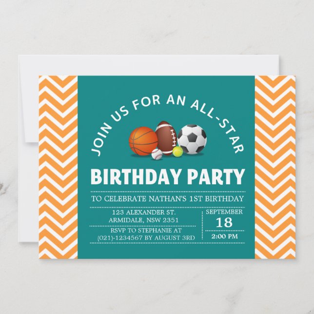 Custom an all-star sport birthday party invitation (Front)