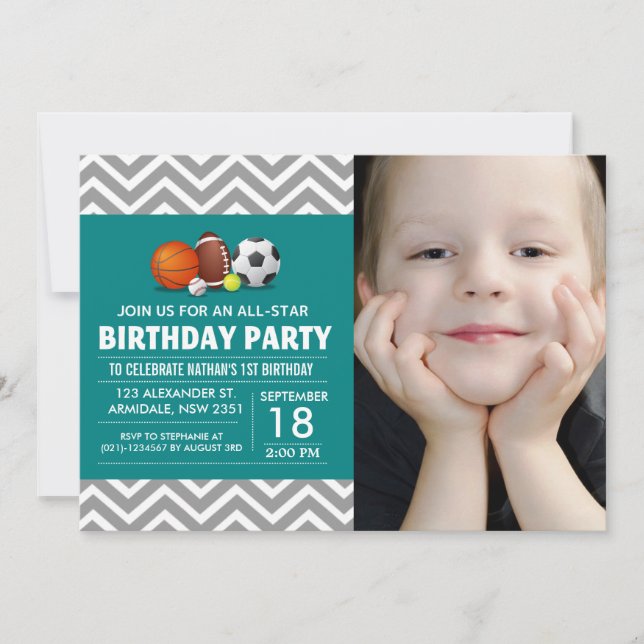 Custom an all-star sport birthday party photo invitation (Front)