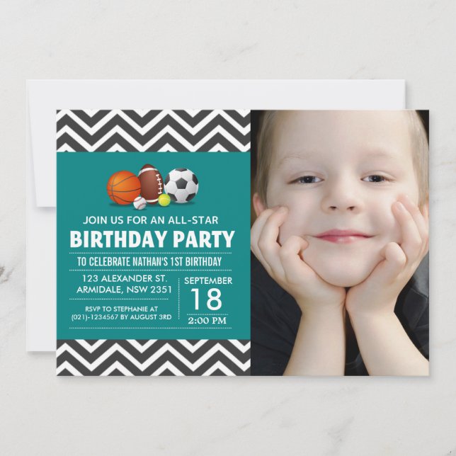 Custom an all-star sport birthday party photo invitation (Front)