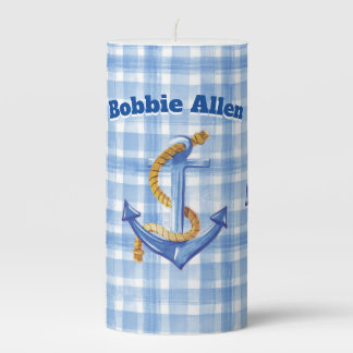 Custom Anchor And Rope Blue Gingham Background  Pillar Candle