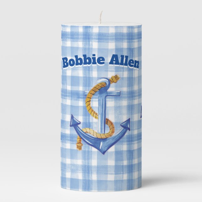 Custom Anchor And Rope Blue Gingham Background  Pillar Candle (Front)