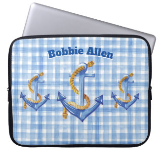 Custom Anchor And Rope Blue Gingham Laptop Sleeve