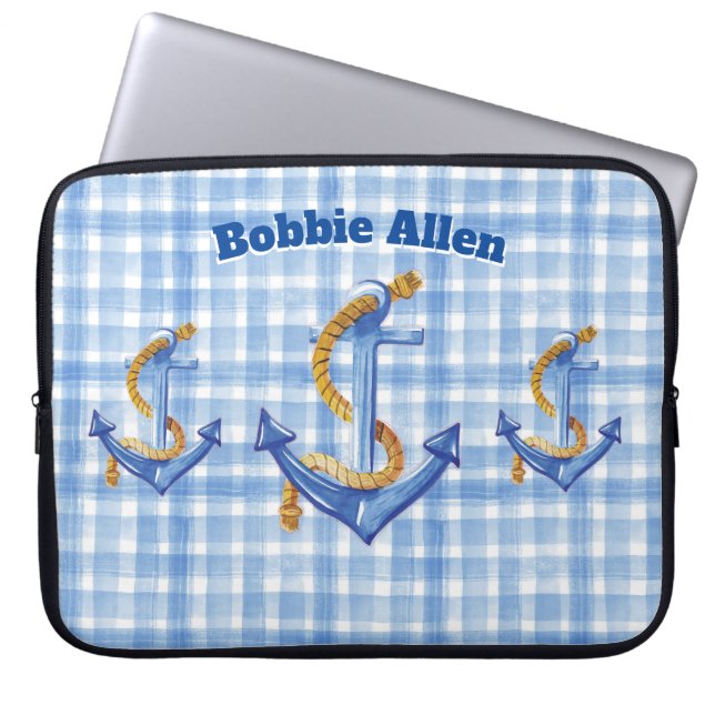 Custom Anchor And Rope Blue Gingham Laptop Sleeve (Front)