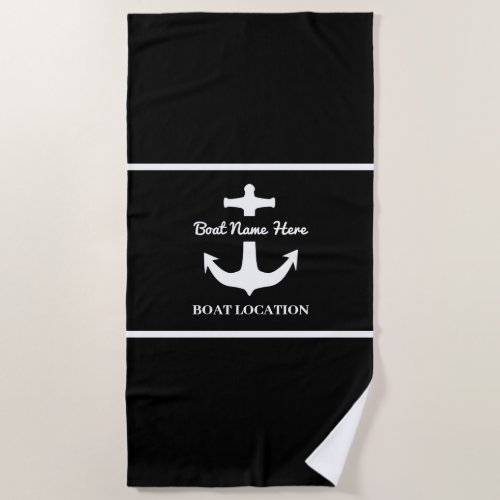 Custom Anchor Black Boat Name Location   Beach Towel