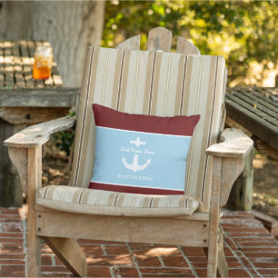 Custom Anchor Blue & Burgundy Boat Name Location Outdoor Pillow