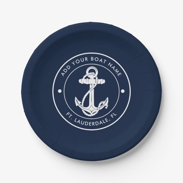 Custom Anchor Boat Name Navy Blue Nautical  Paper Plates (Front)