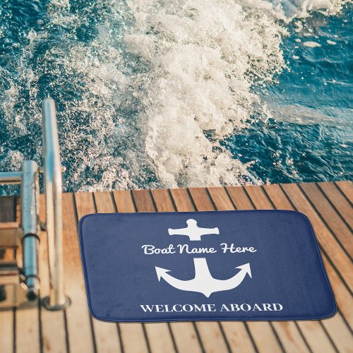 Custom Anchor Navy Blue Bath Mat Boat Name Welcome