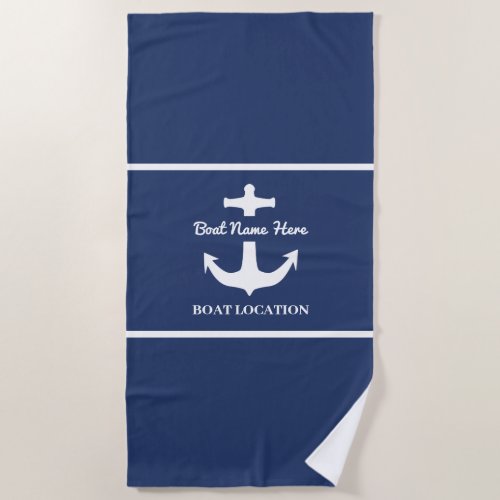 Custom Anchor Navy Blue Boat Name Location Beach Towel