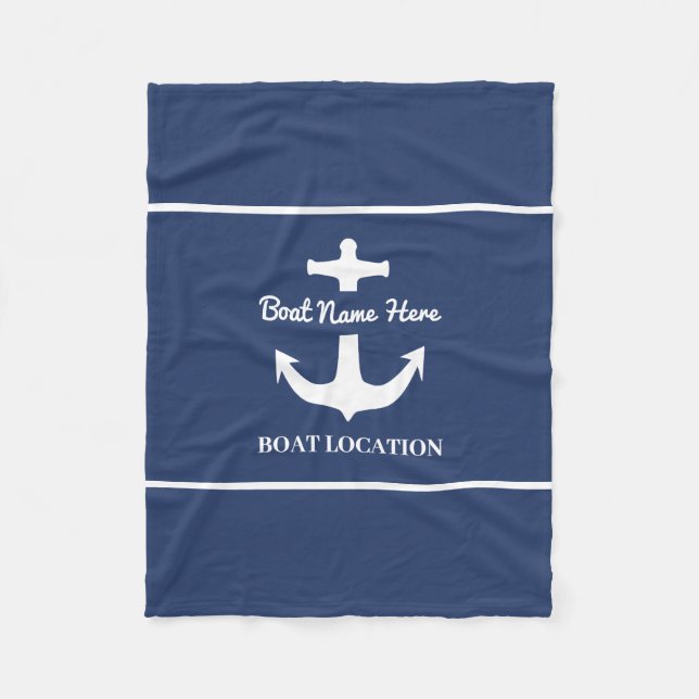 Custom Anchor Navy Blue Boat Name Location Fleece Blanket (Front)
