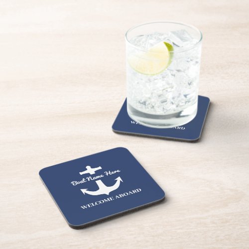 Custom Anchor Navy Blue Nautical Boat Name  Beverage Coaster