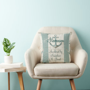 Custom Anchor Sunshine & Sand Green Stripe Coastal Throw Pillow