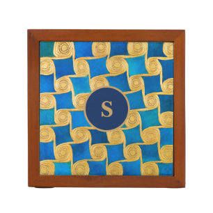 Custom Ancient Egyptian Monogram Blue Gold Desk Organizer