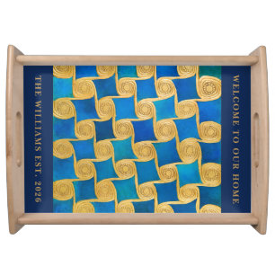 Custom Ancient Egyptian Monogram Blue Gold Serving Tray