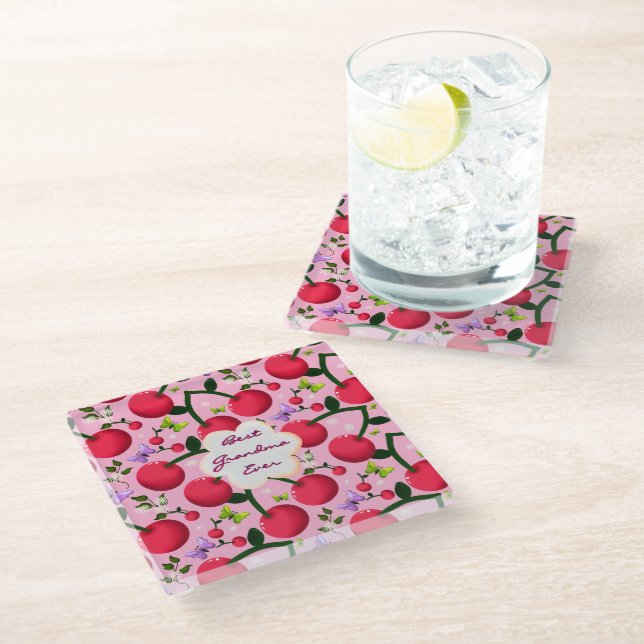 Custom and personalized cherry butterfly gift  glass coaster (Angled)